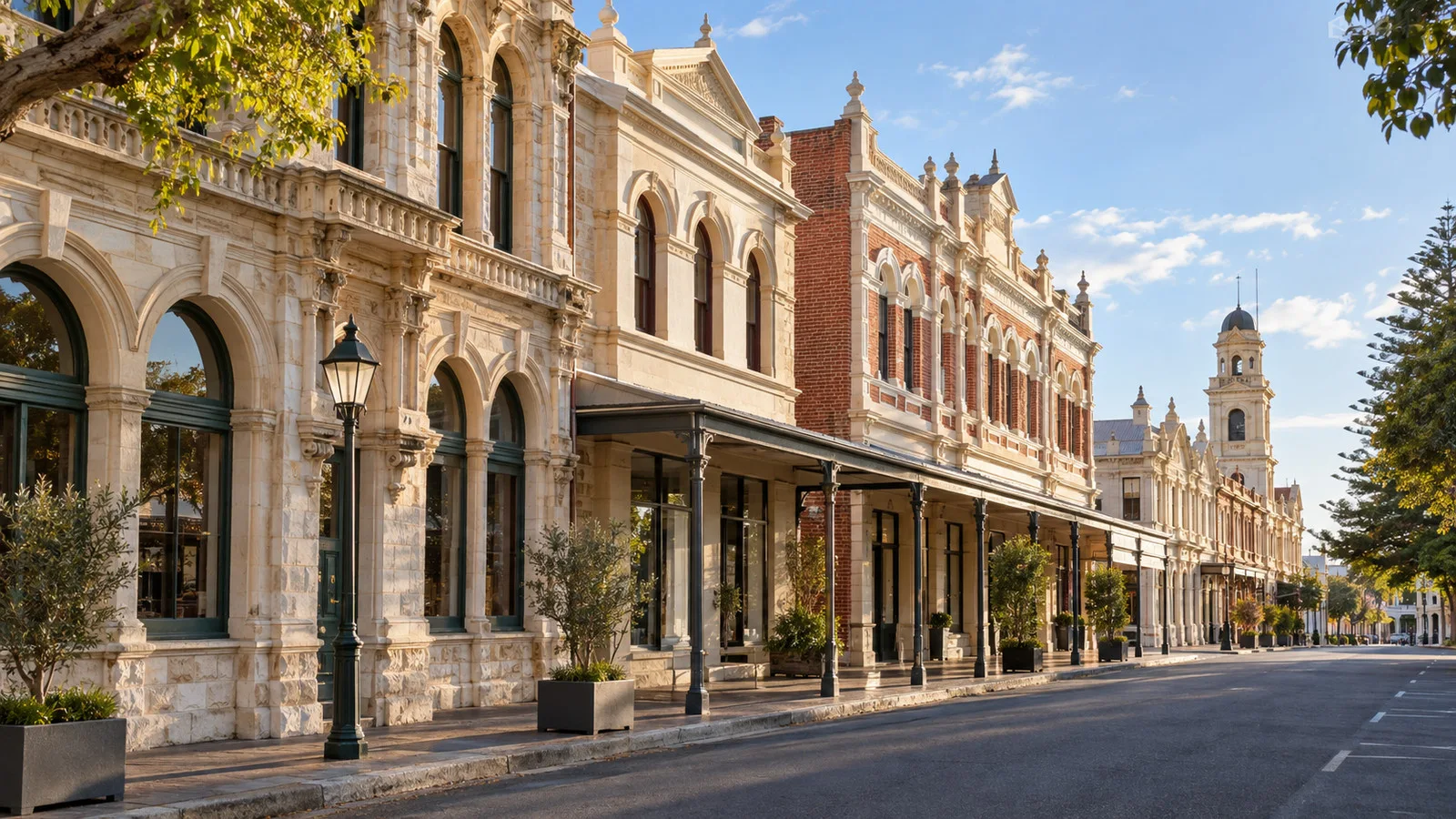Historic limestone and brick buildings on a Fremantle West End street