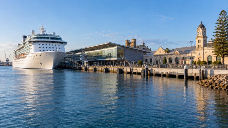Fremantle Passenger Terminal with a white cruise ship docked beside the harbor and historic Western Australian port buildings