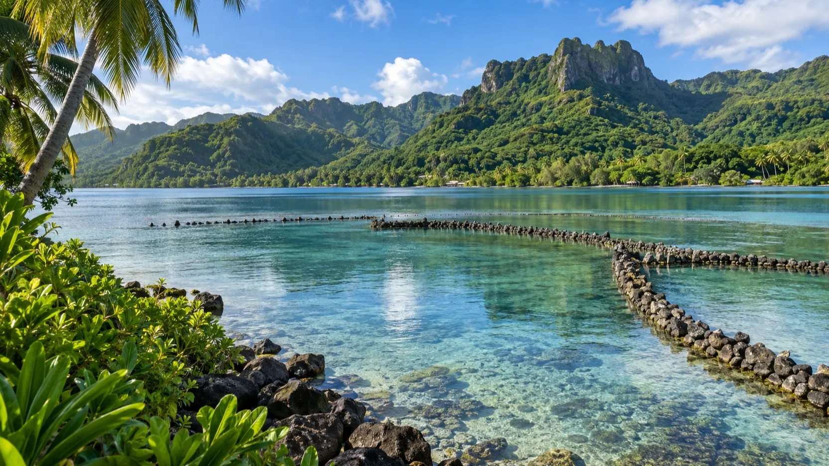 Green hills and lagoon stone fish traps on Huahine