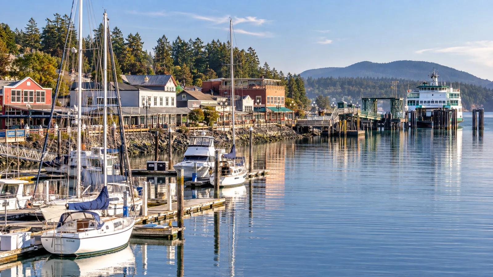 Friday Harbor waterfront marina on San Juan Island with sailboats, shorefront storefronts and ferry dock, no people