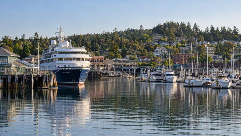 Small-ship cruise vessel at Friday Harbor San Juan Island Washington dock with marina boats and town hillside, no people