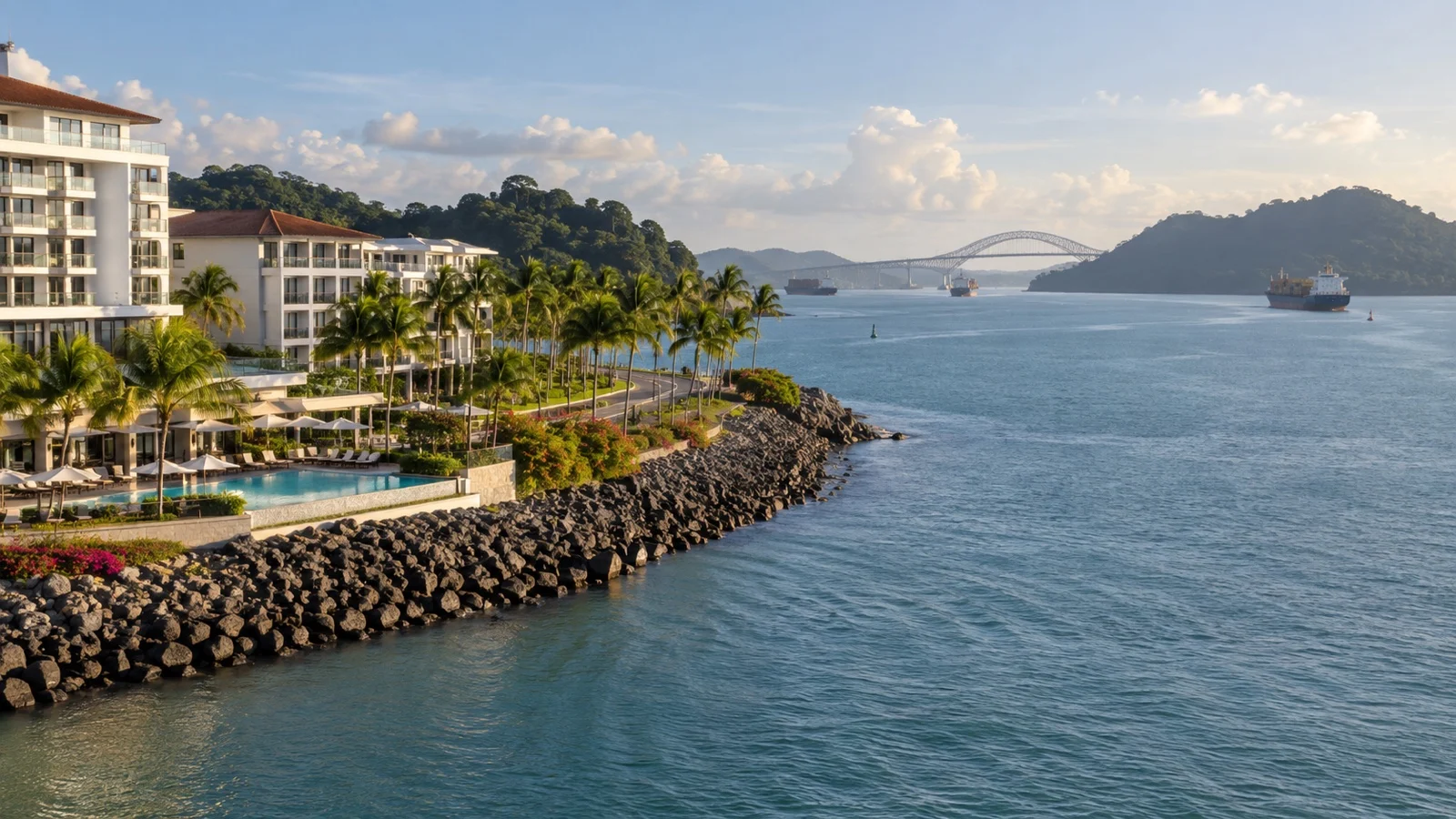 Amador Causeway with waterfront hotels, palms and views of the Panama Canal entrance