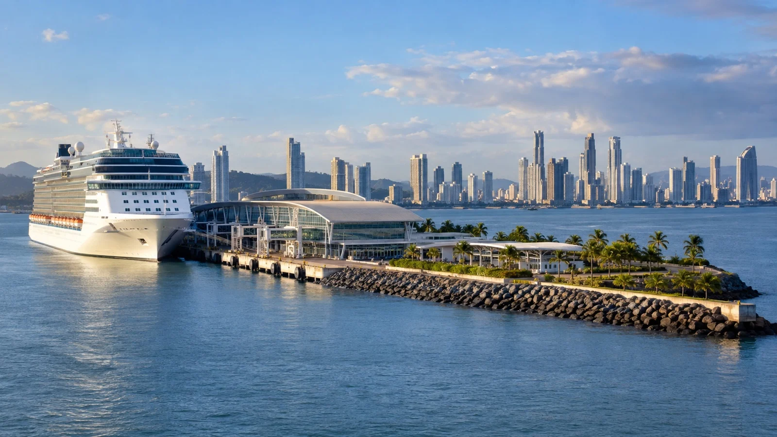 Fuerte Amador cruise terminal on Perico Island with a white cruise ship beside the Pacific waterfront and Panama City skyline