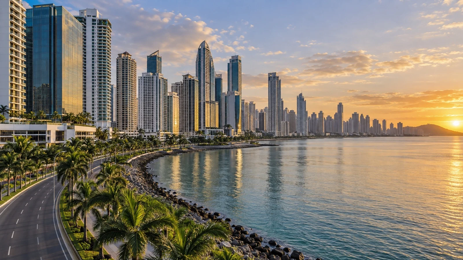 Balboa Avenue and Punta Pacifica skyline of modern Panama City hotels overlooking the Pacific
