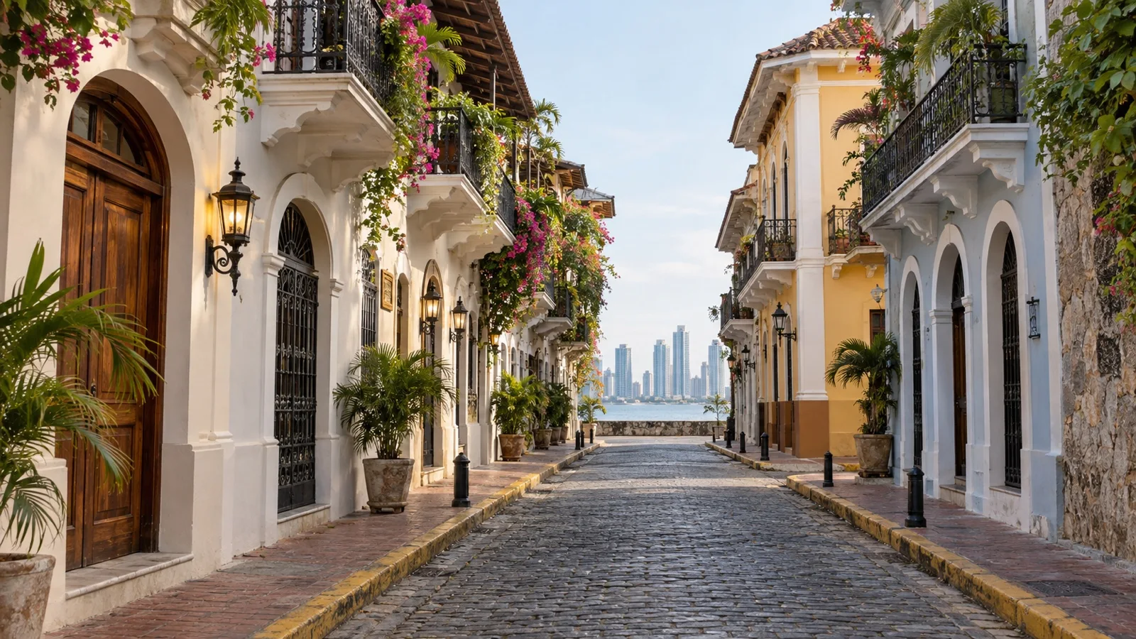 Casco Viejo historic district of Panama City with restored colonial boutique hotel buildings and empty cobblestone streets
