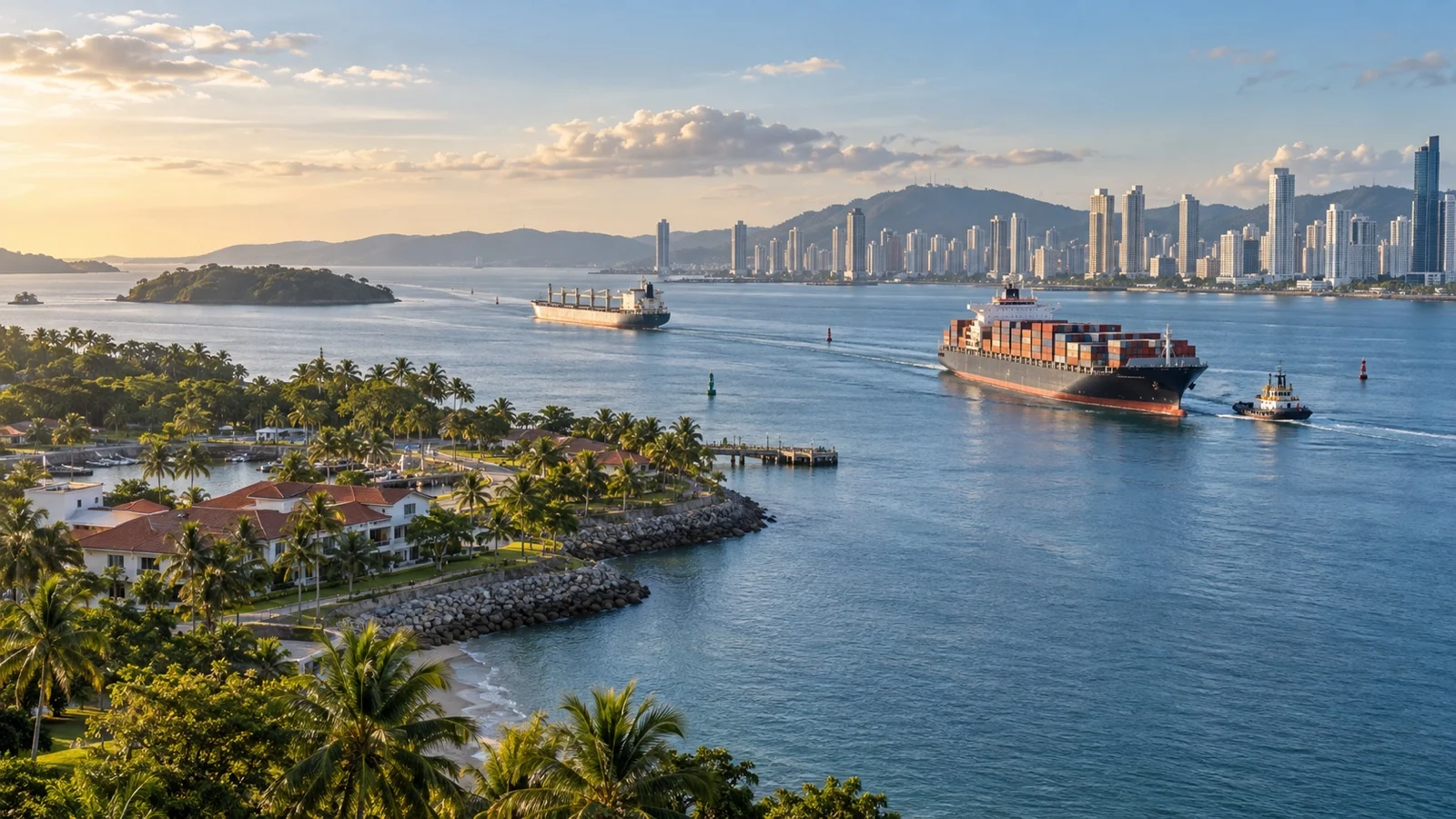 Panama Canal entrance near Fuerte Amador with ships, tropical shores and city hotels visible in the distance