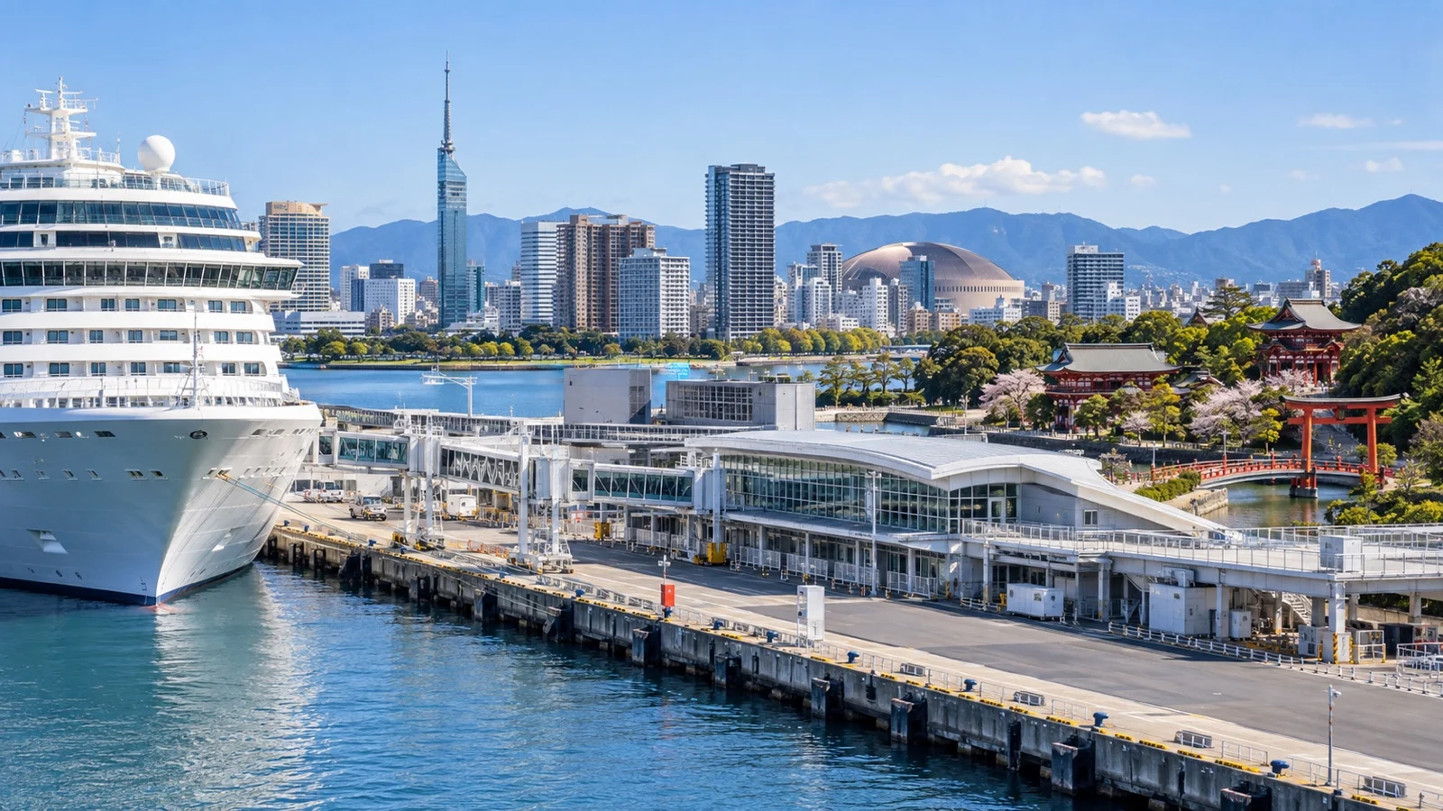 Cruise ship at Hakata Port wharf in Fukuoka