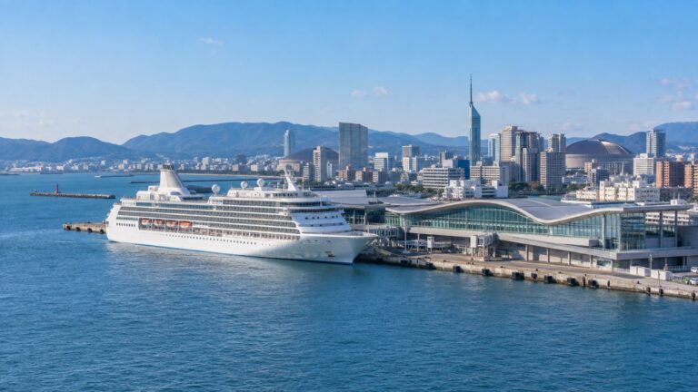 Hakata Port cruise terminal in Fukuoka with a white cruise ship docked beside Hakata Bay and the Japanese city skyline