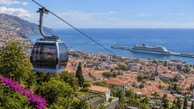 Empty cable car gondola rising above Funchal, Madeira, with harbor cruise ship below