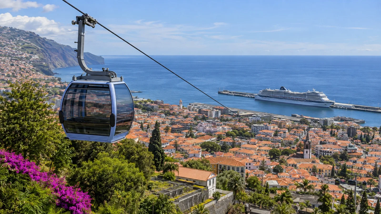 Empty cable car gondola rising above Funchal, Madeira, with harbor cruise ship below
