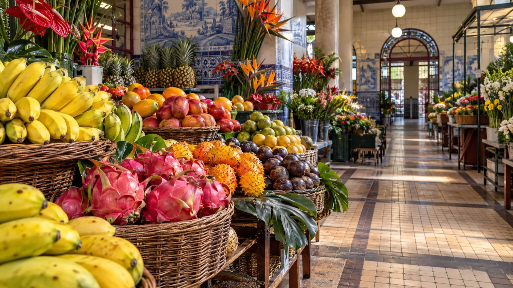 Colorful fruit and flower stalls inside Funchal's Mercado dos Lavradores