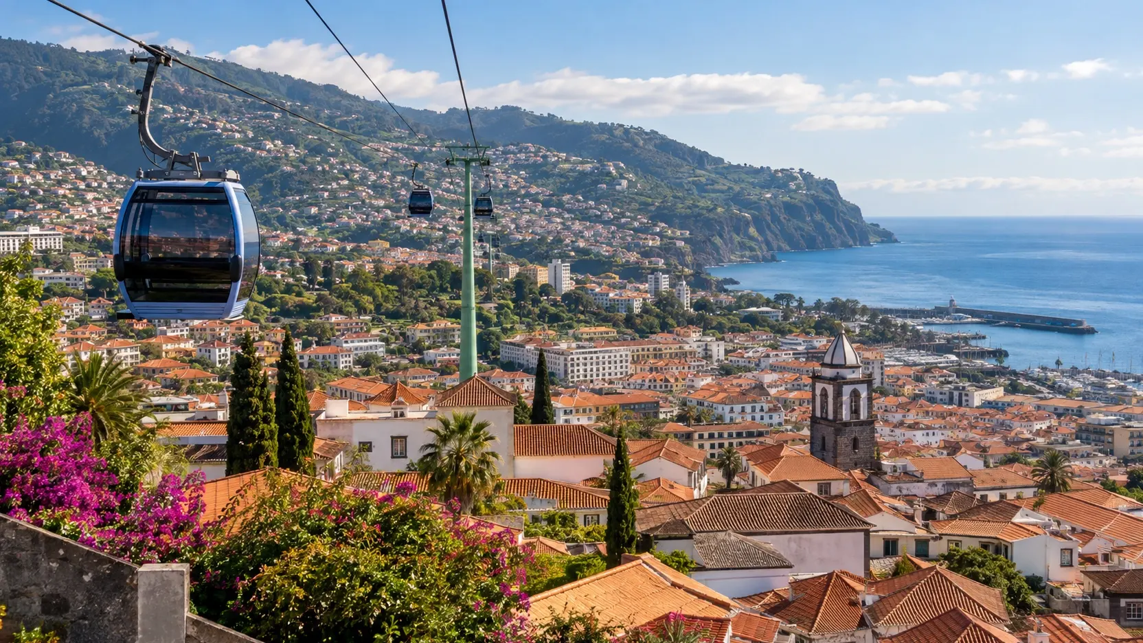 A cable car above Funchal's rooftops on its route toward Monte