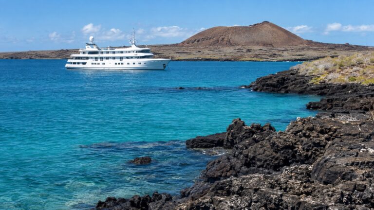 Small Galápagos expedition cruise ship off Baltra Island