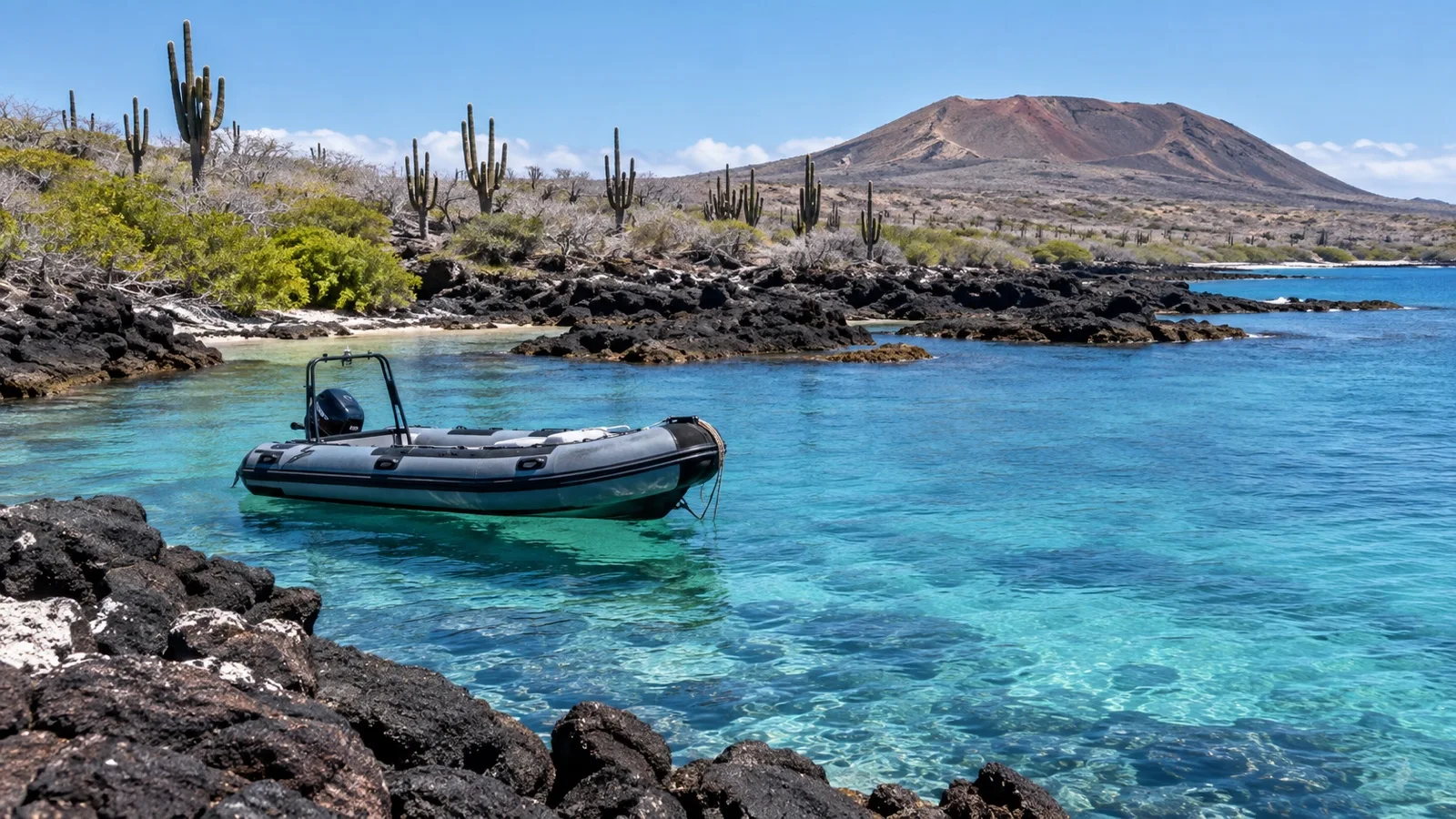 Empty expedition zodiac near a Galápagos landing beach
