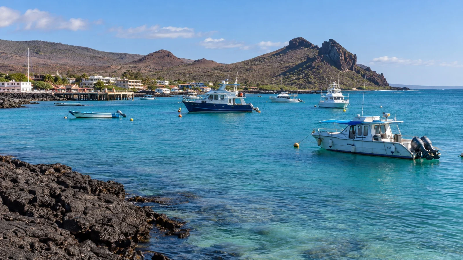 San Cristóbal Galápagos harbor with expedition boats