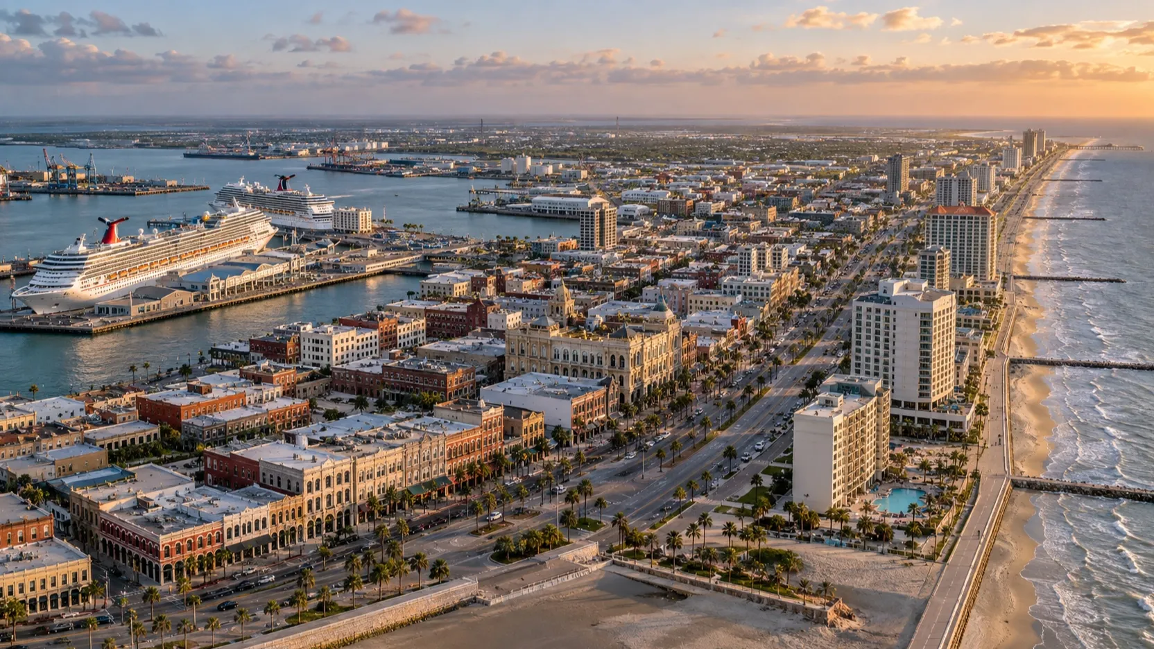 Aerial view of Galveston cruise harbor and island
