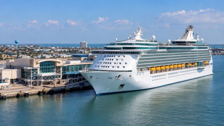 Cruise ship docked at the Port of Galveston terminal beside the island waterfront