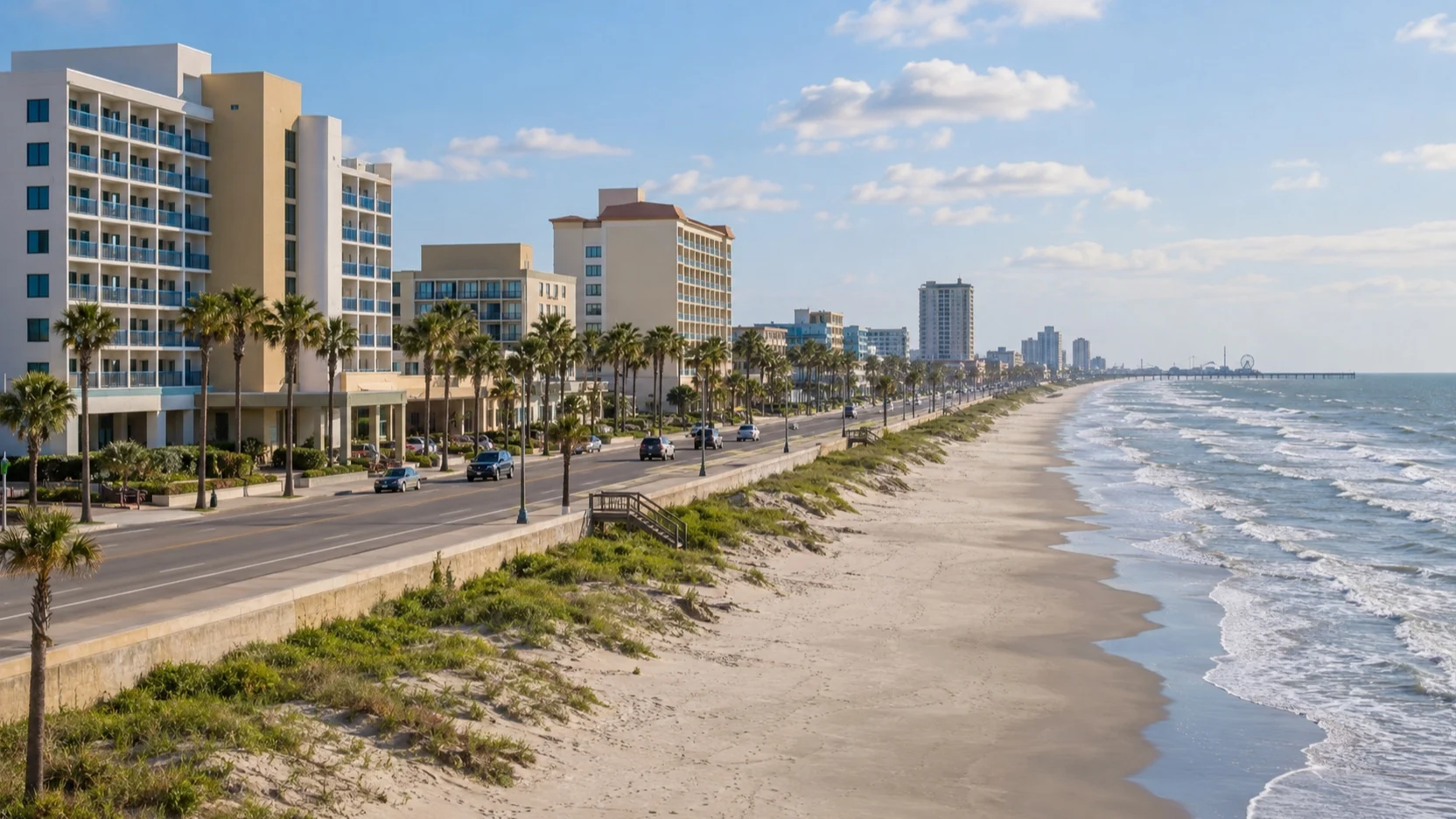 Mid-range hotel district facing Galveston Beach