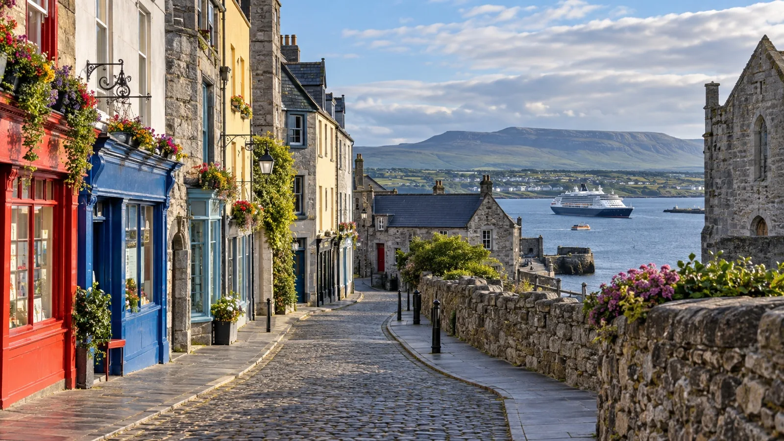 Colorful shopfronts and stone buildings in Galway old town