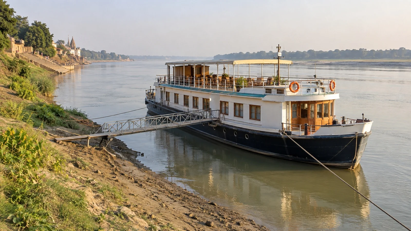 River cruise ship gangplank landing on a muddy Ganges bank
