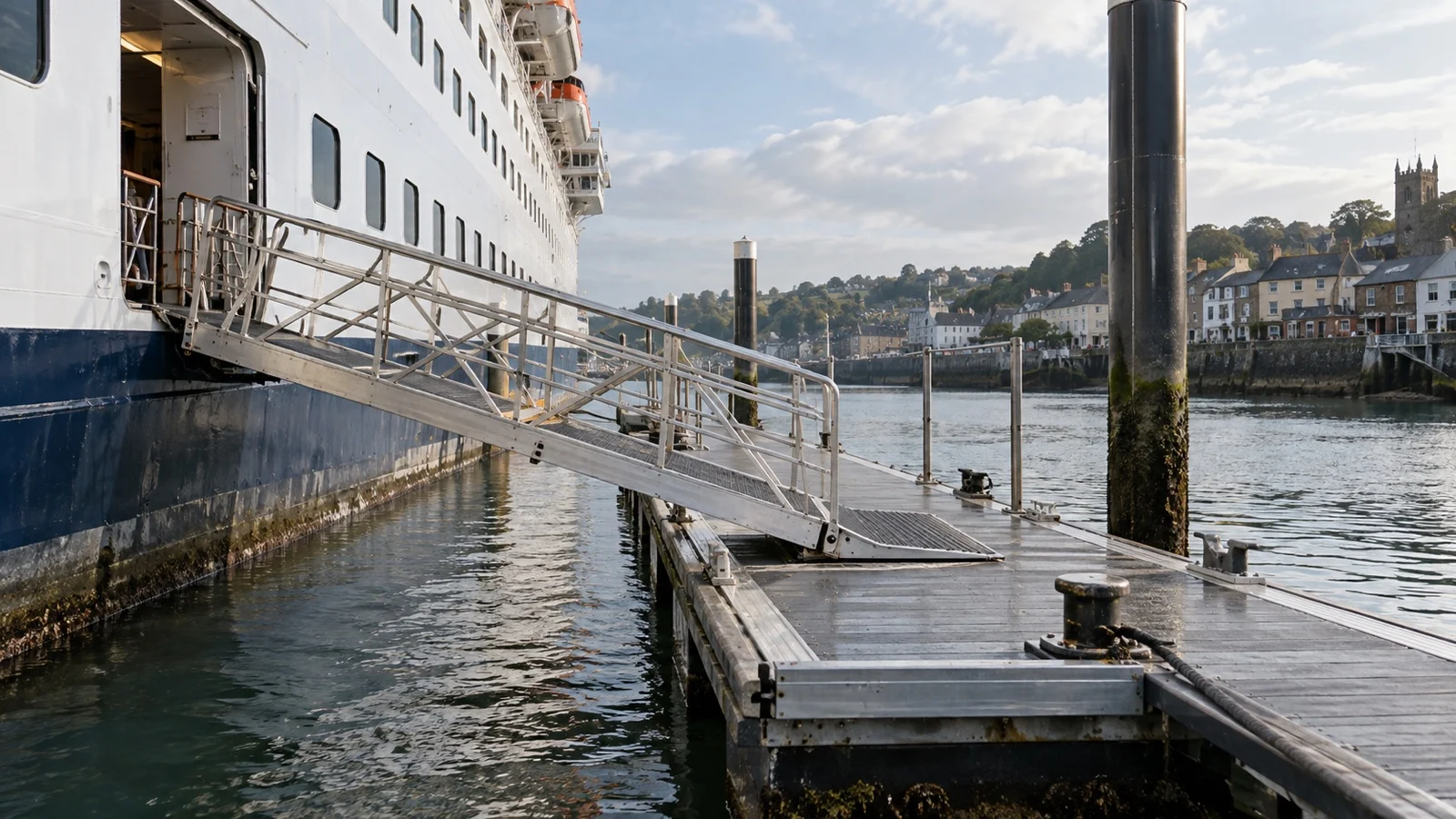Empty cruise gangway to a floating pontoon with visible tidal waterline