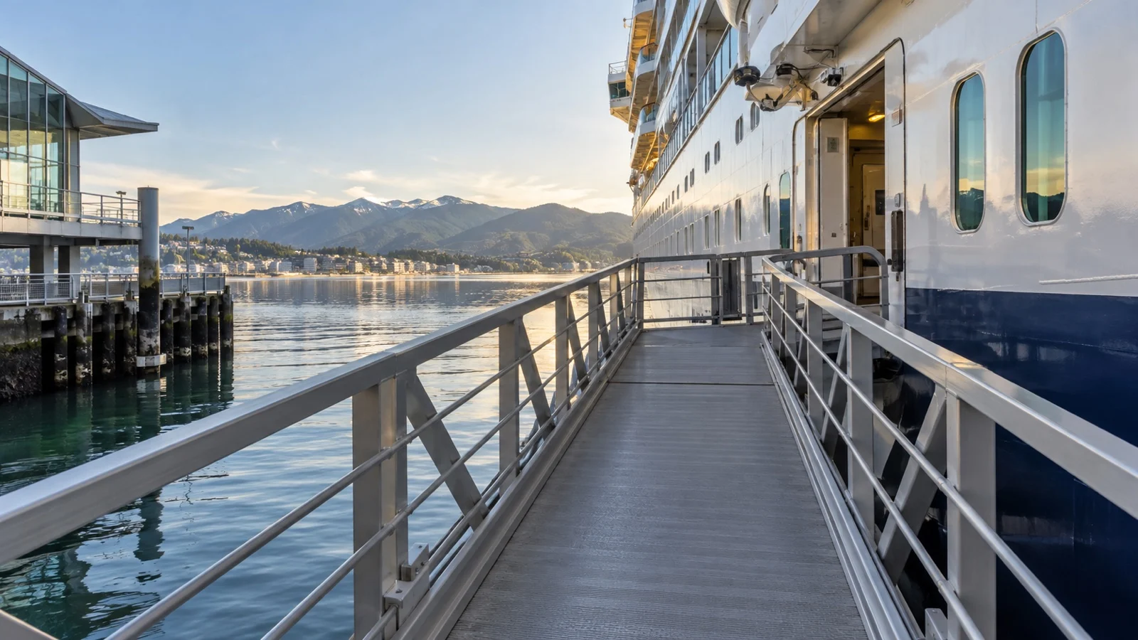 Broad empty cruise gangway with gentle slope at high tide