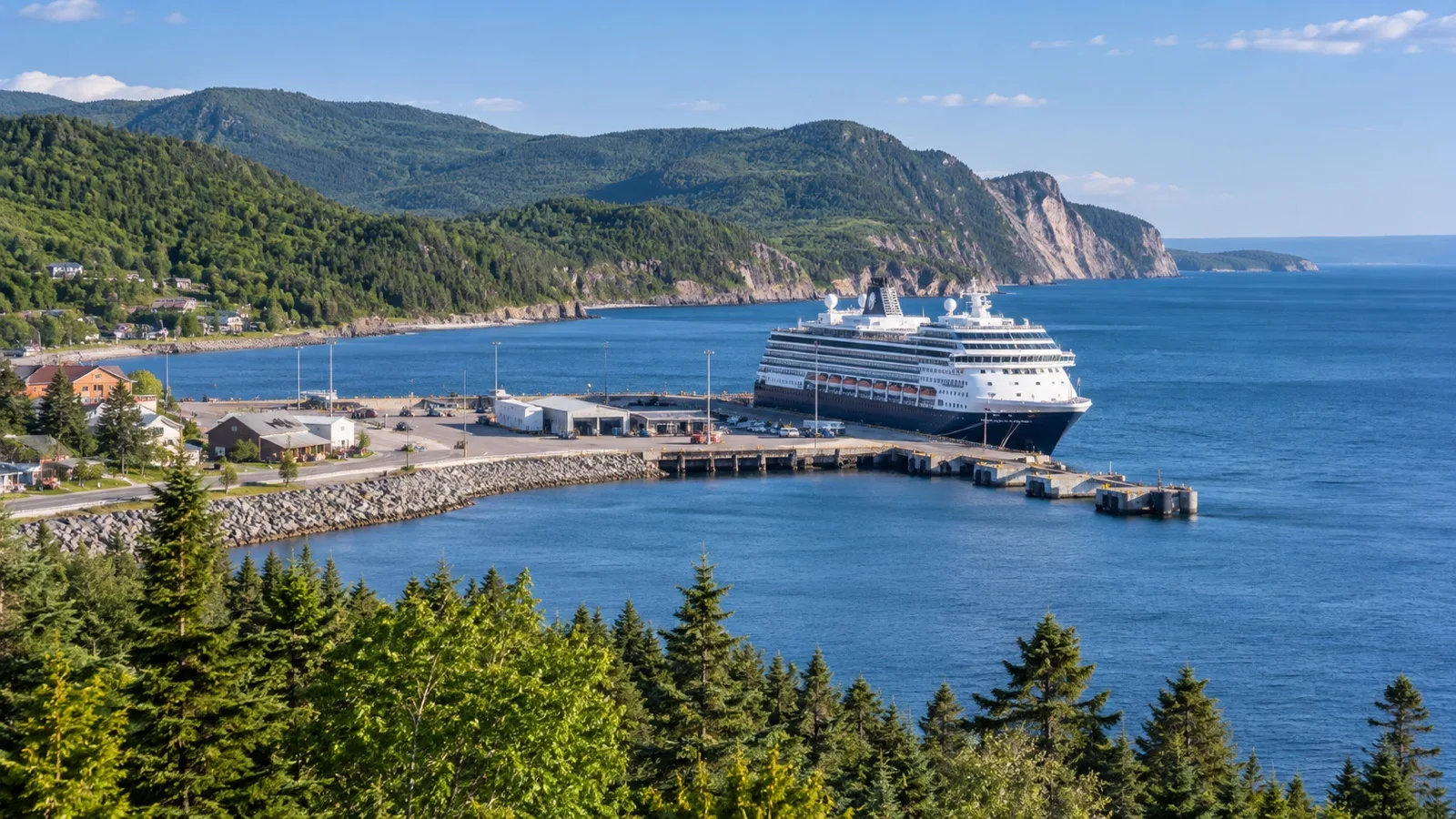 Sandy Beach dock beside forested coast in Gaspé