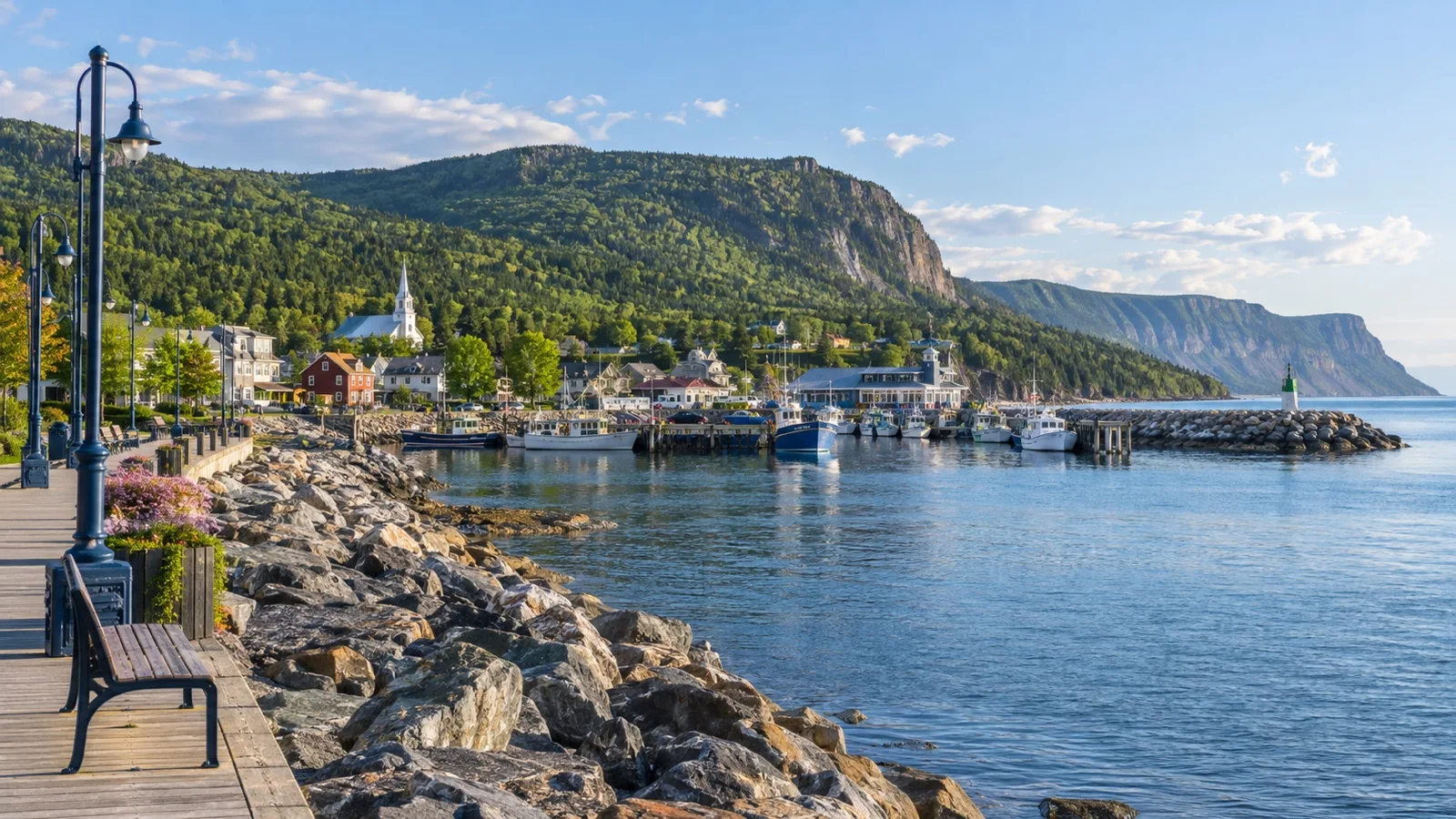 Small harbor and waterfront buildings in central Gaspé