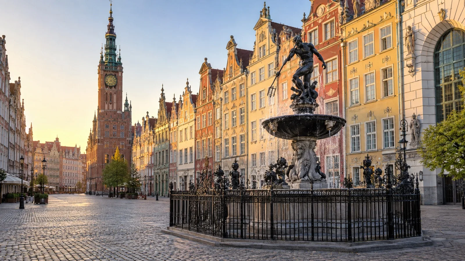 Neptune Fountain and historic facades in Gdańsk Long Market