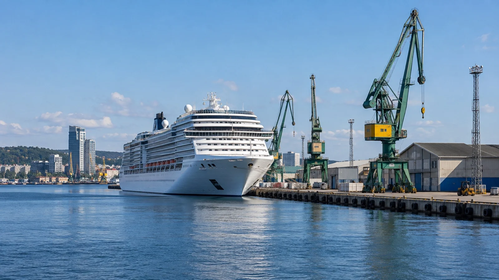 Cruise ship at Gdynia harbor beside port cranes
