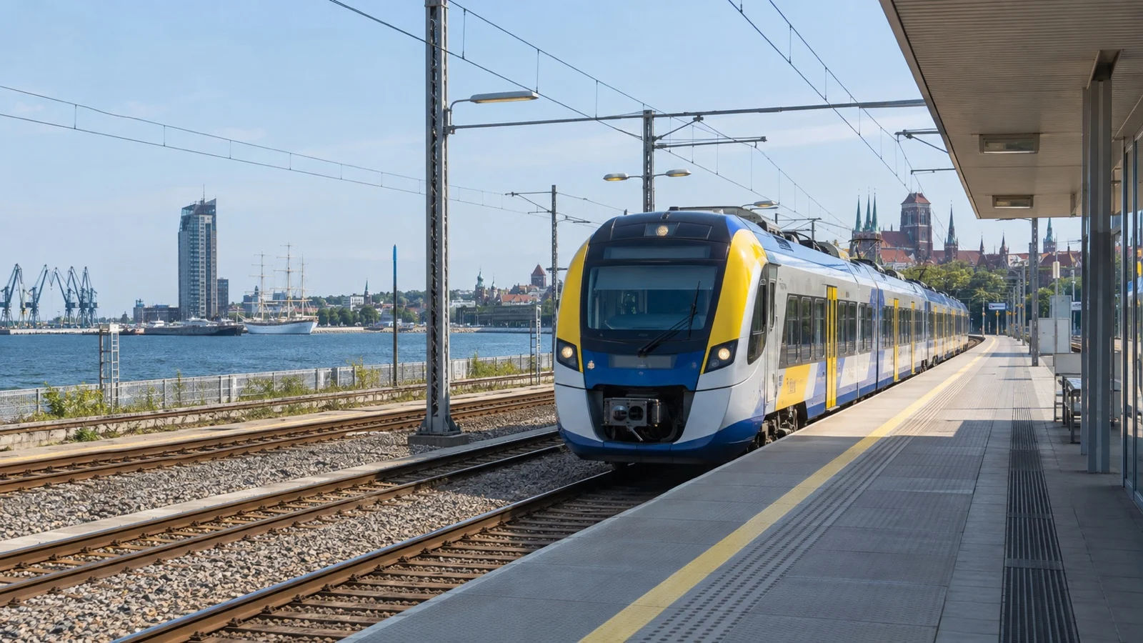 Regional train at a Baltic station between Gdynia and Gdańsk