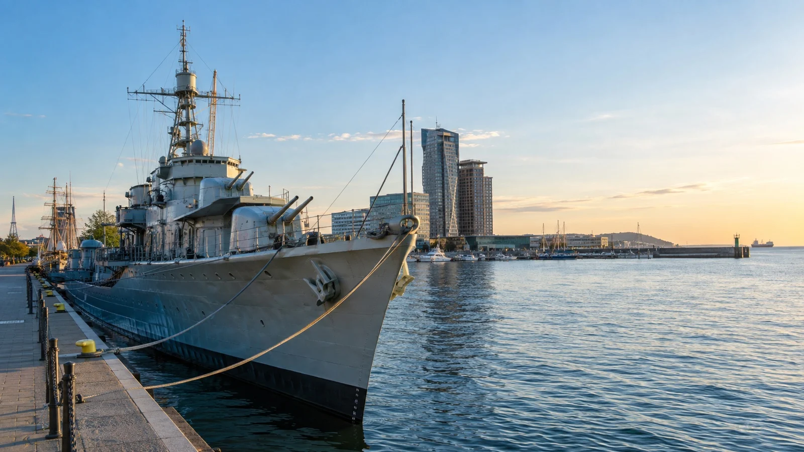 Historic naval ship moored at the Gdynia waterfront