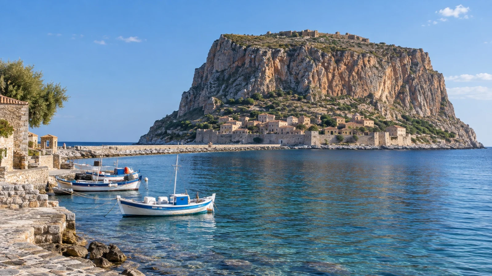 Gefyra waterfront and causeway leading toward Monemvasia