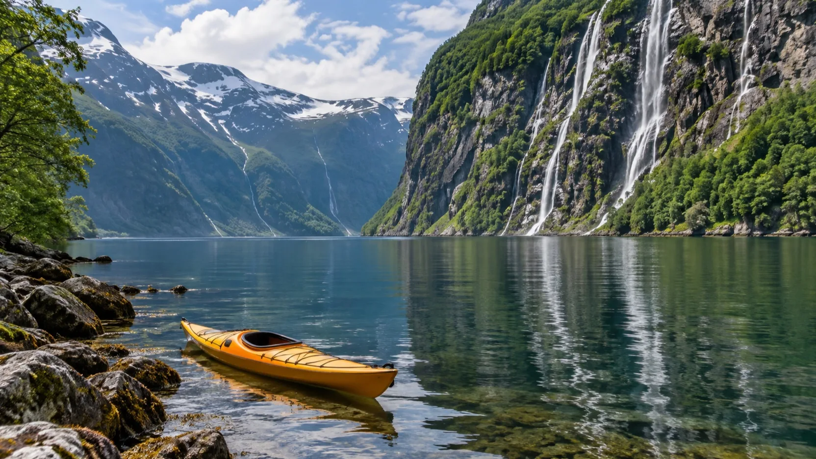 An empty kayak near the shore of Geirangerfjord below waterfall cliffs