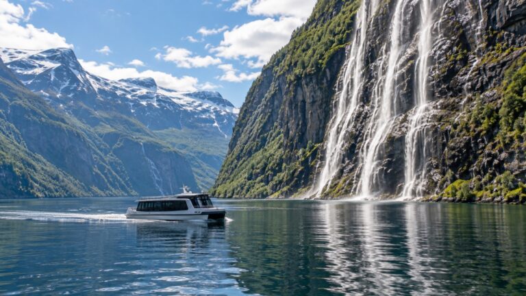 A small excursion boat passes waterfalls in Norway's Geirangerfjord