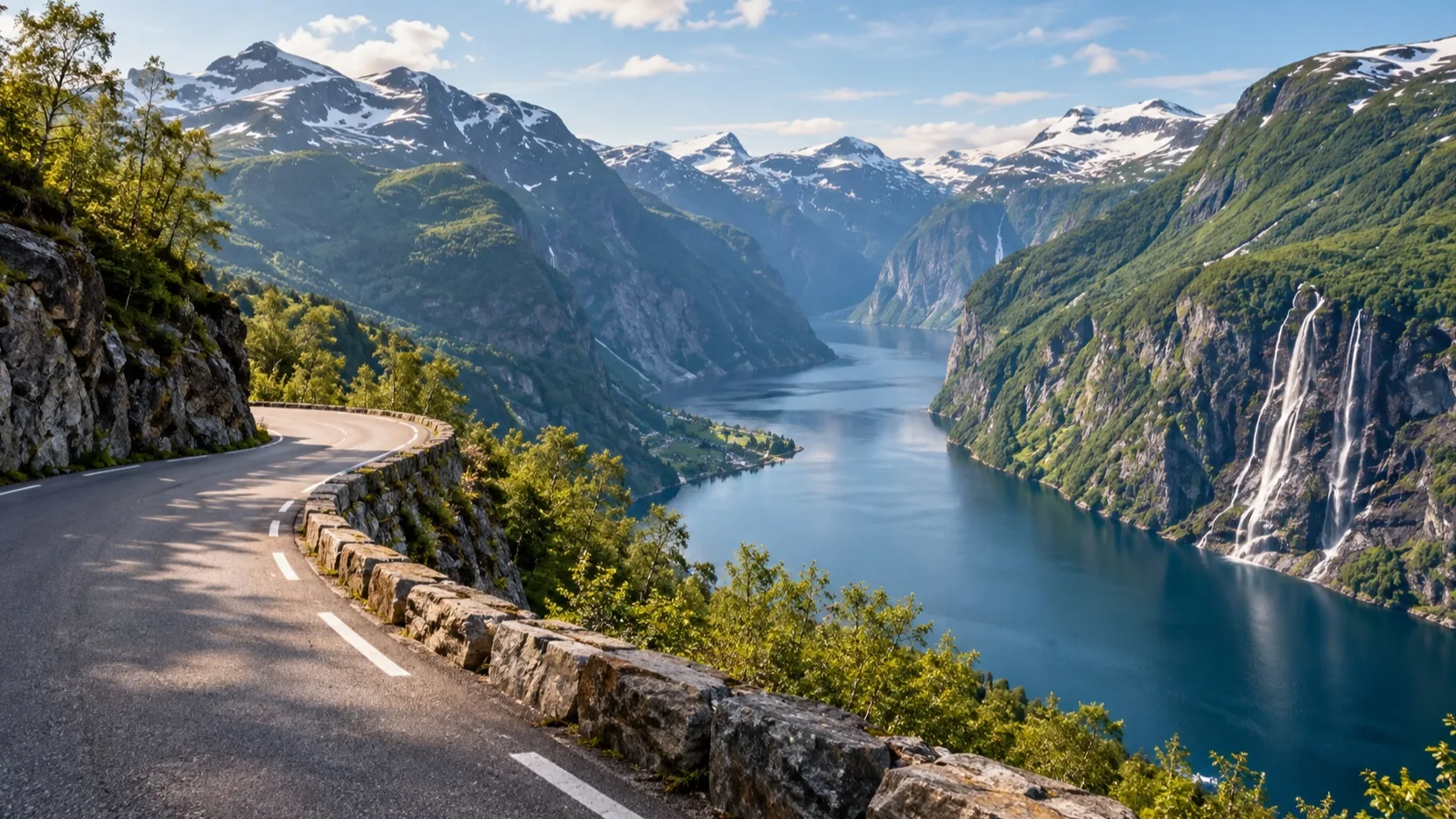 A winding mountain road overlooks Geirangerfjord and its waterfalls