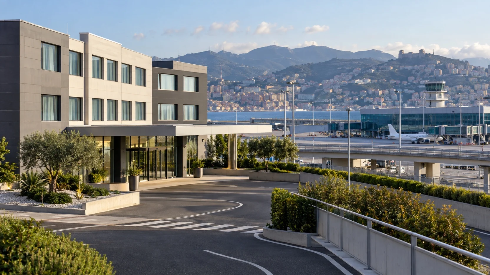 Modern hotel in the Genoa airport area with the airport terminal beyond