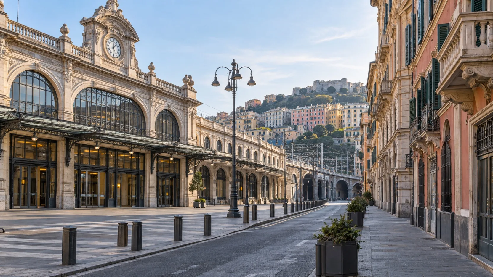 Empty street beside Genoa’s Piazza Principe station and nearby hotels