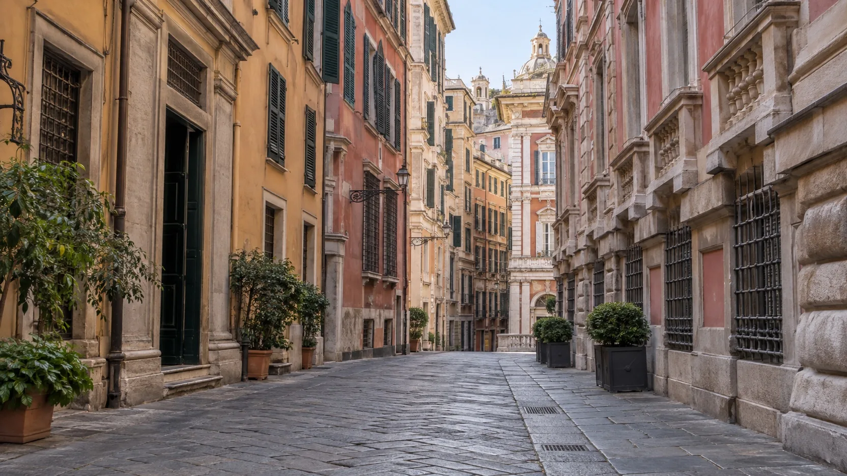 Empty historic street in Genoa’s Via Balbi hotel district