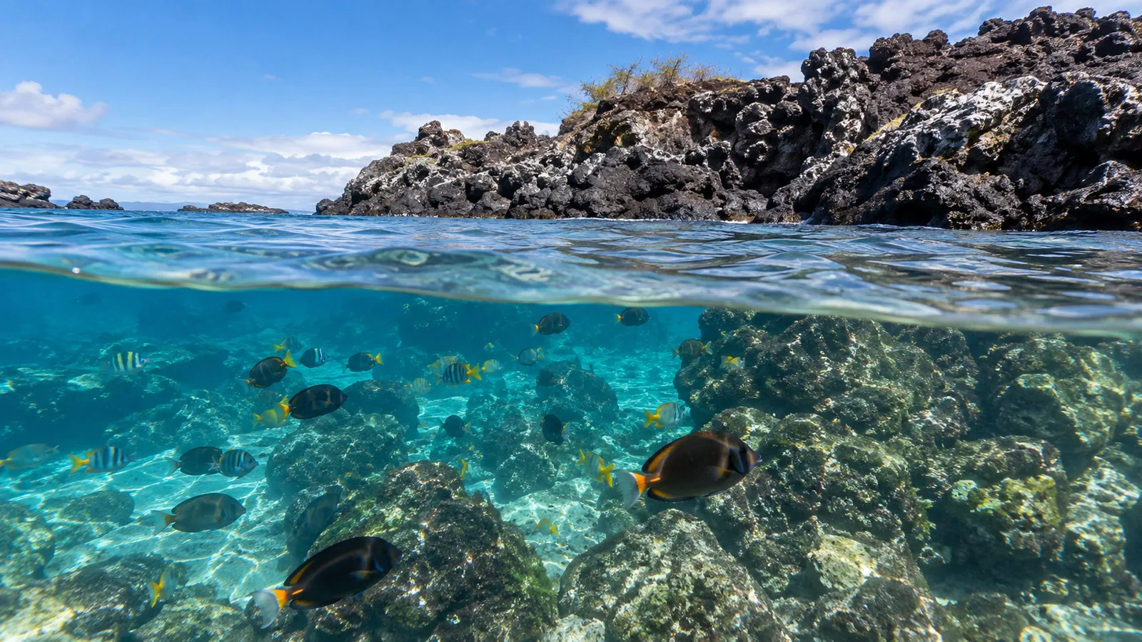 Colorful reef fish in clear snorkeling water near Genovesa's volcanic coast