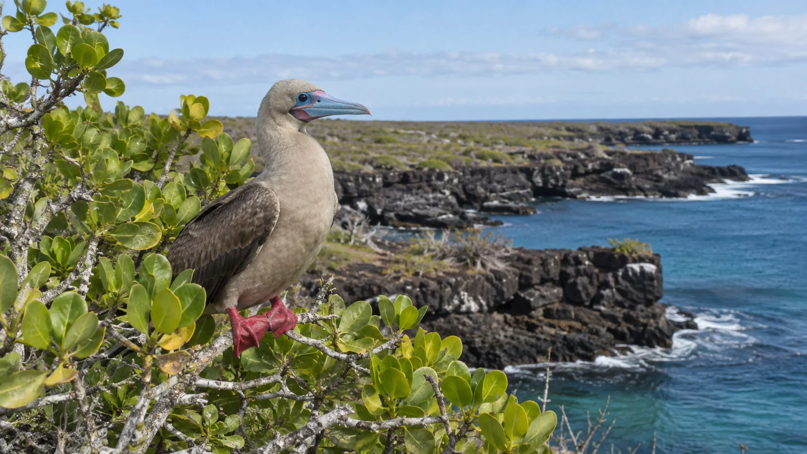 Red-footed booby perched in coastal vegetation on Genovesa Island