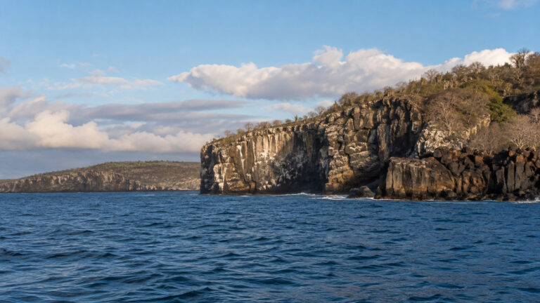 Volcanic Genovesa Island coast seen from a small expedition ship in Galápagos