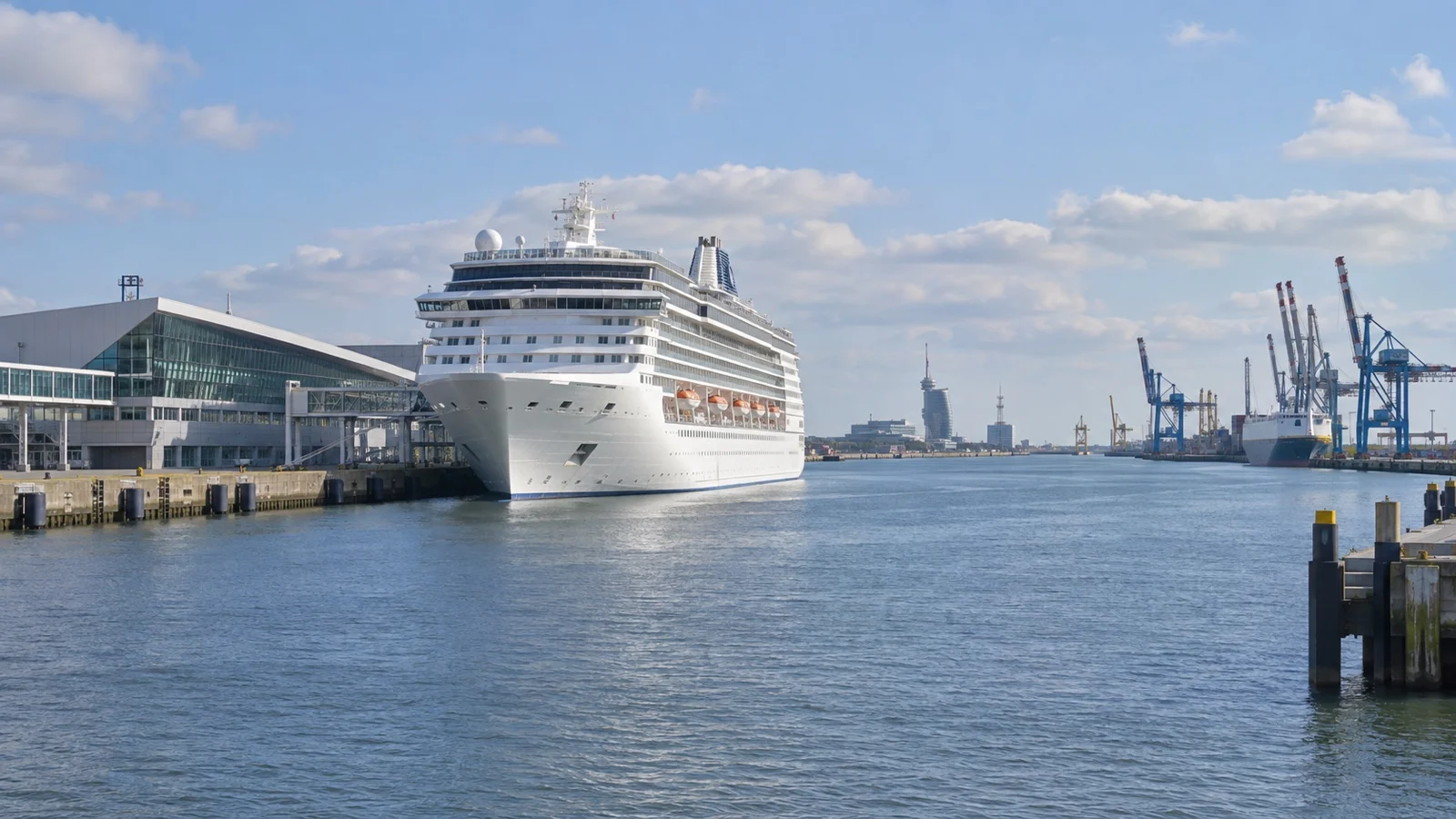 Cruise ship at Bremerhaven harbor with North Sea port cranes and waterfront buildings