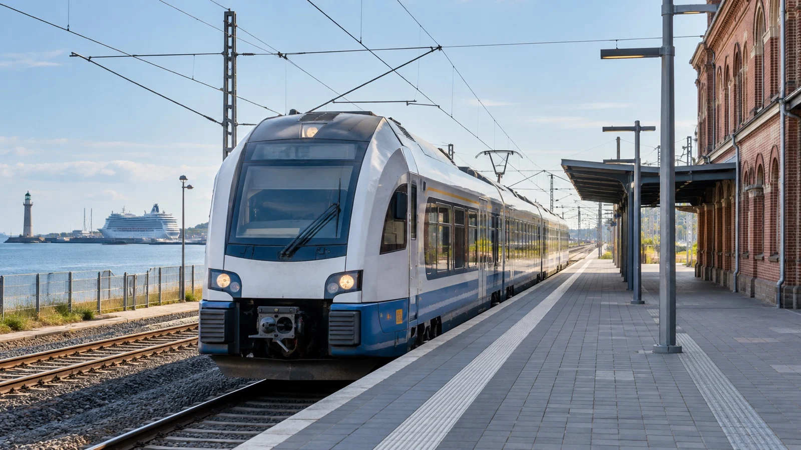 Empty passenger train at a German coastal city station for cruise port connections
