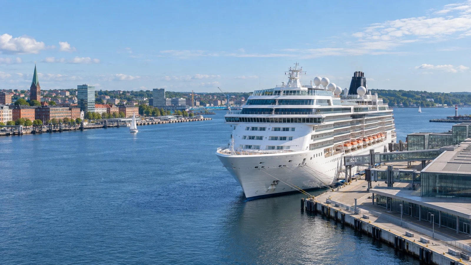 Cruise ship at Kiel's Baltic waterfront beside the Kiel Fjord