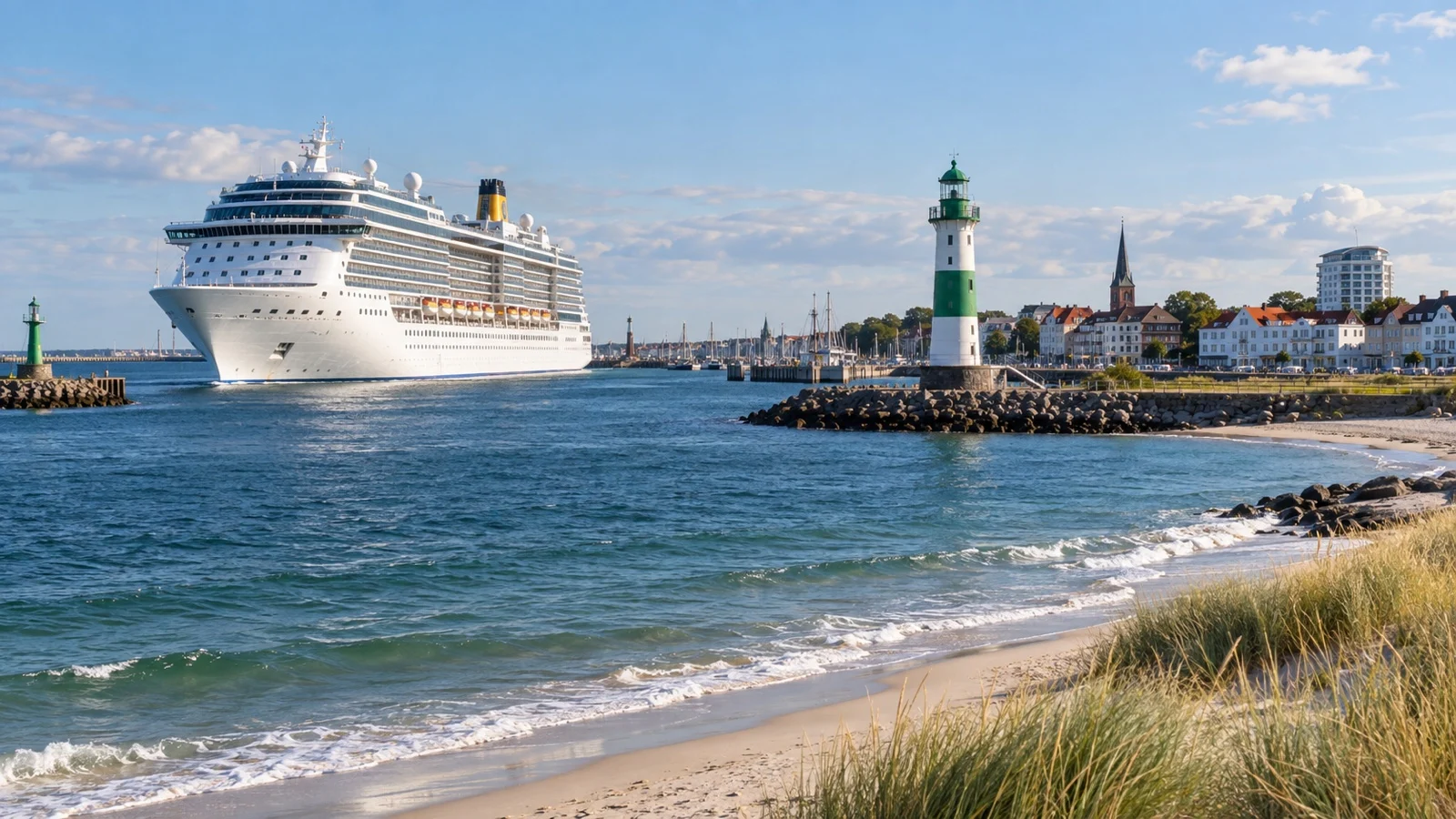 Cruise ship beside Warnemünde harbor and lighthouse on Germany's Baltic coast