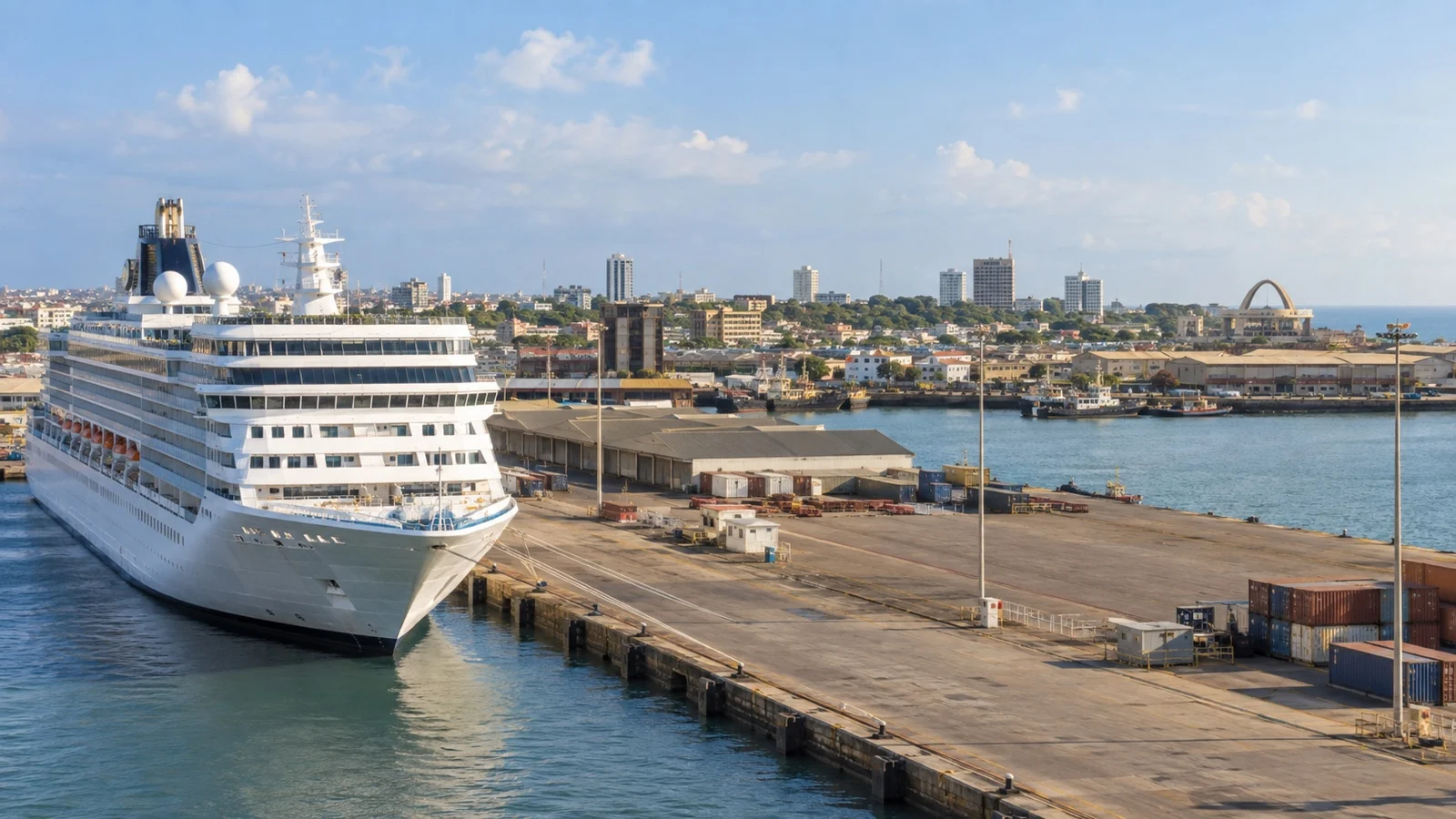 Cruise ship at Ghanaian port with city waterfront beyond