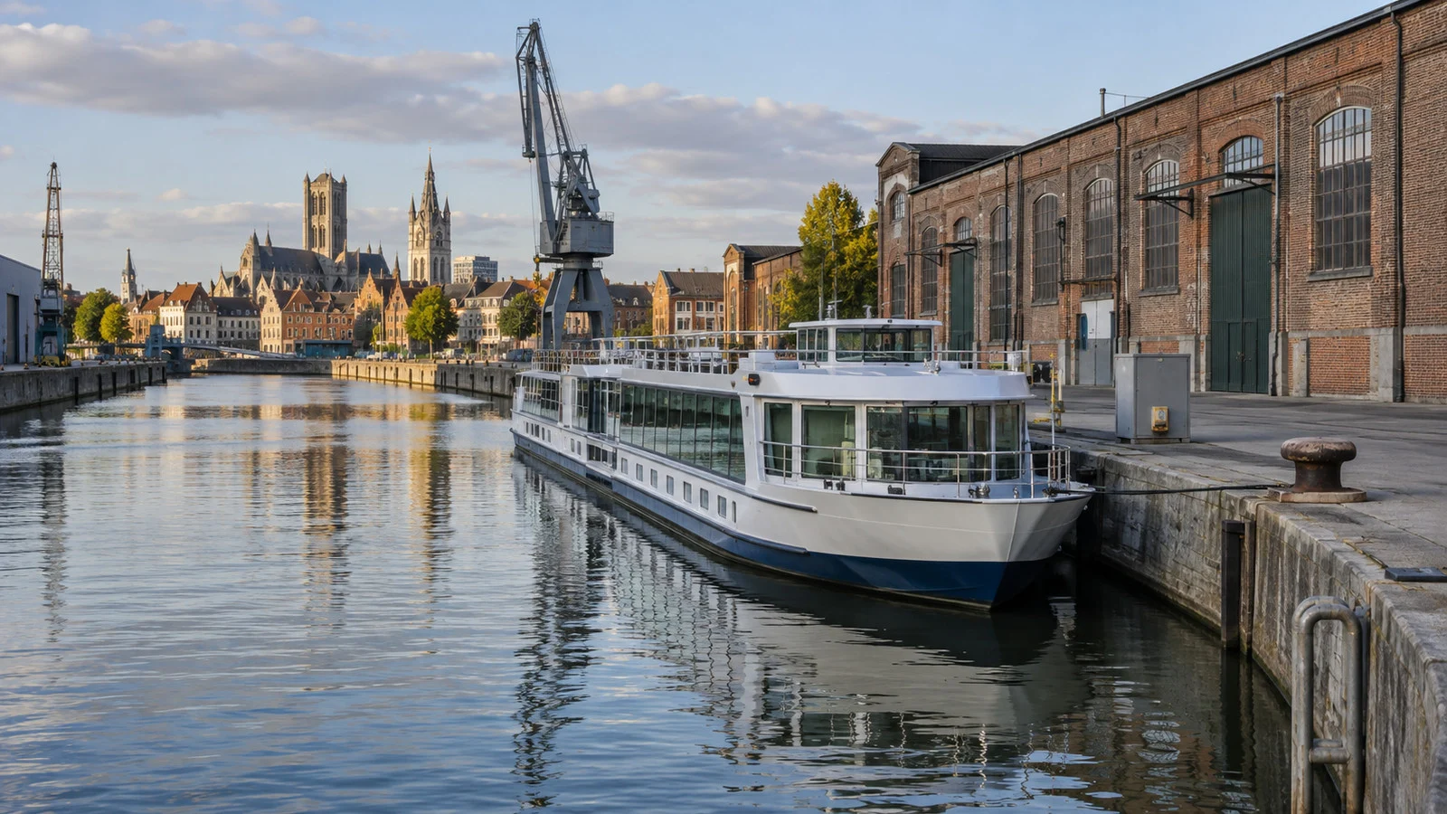 a small river cruise vessel moored at Ghent's Grootdok working waterfront in Belgium, with brick warehouses and practical quay