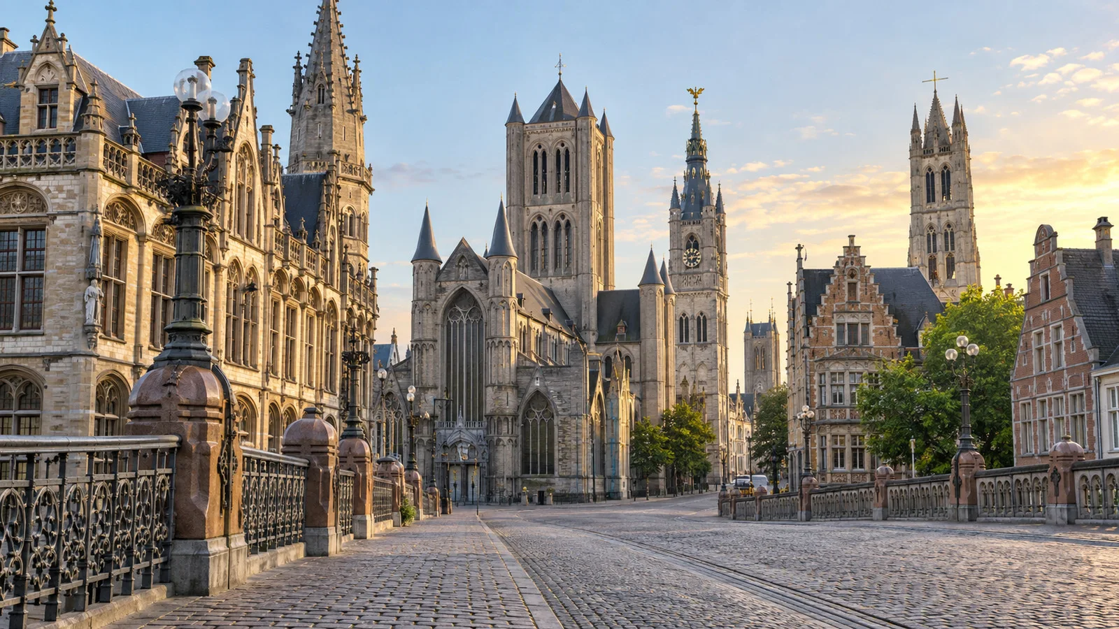 Ghent's three historic towers including Saint Bavo Cathedral, the Belfry and Saint Nicholas Church along an empty old-town street