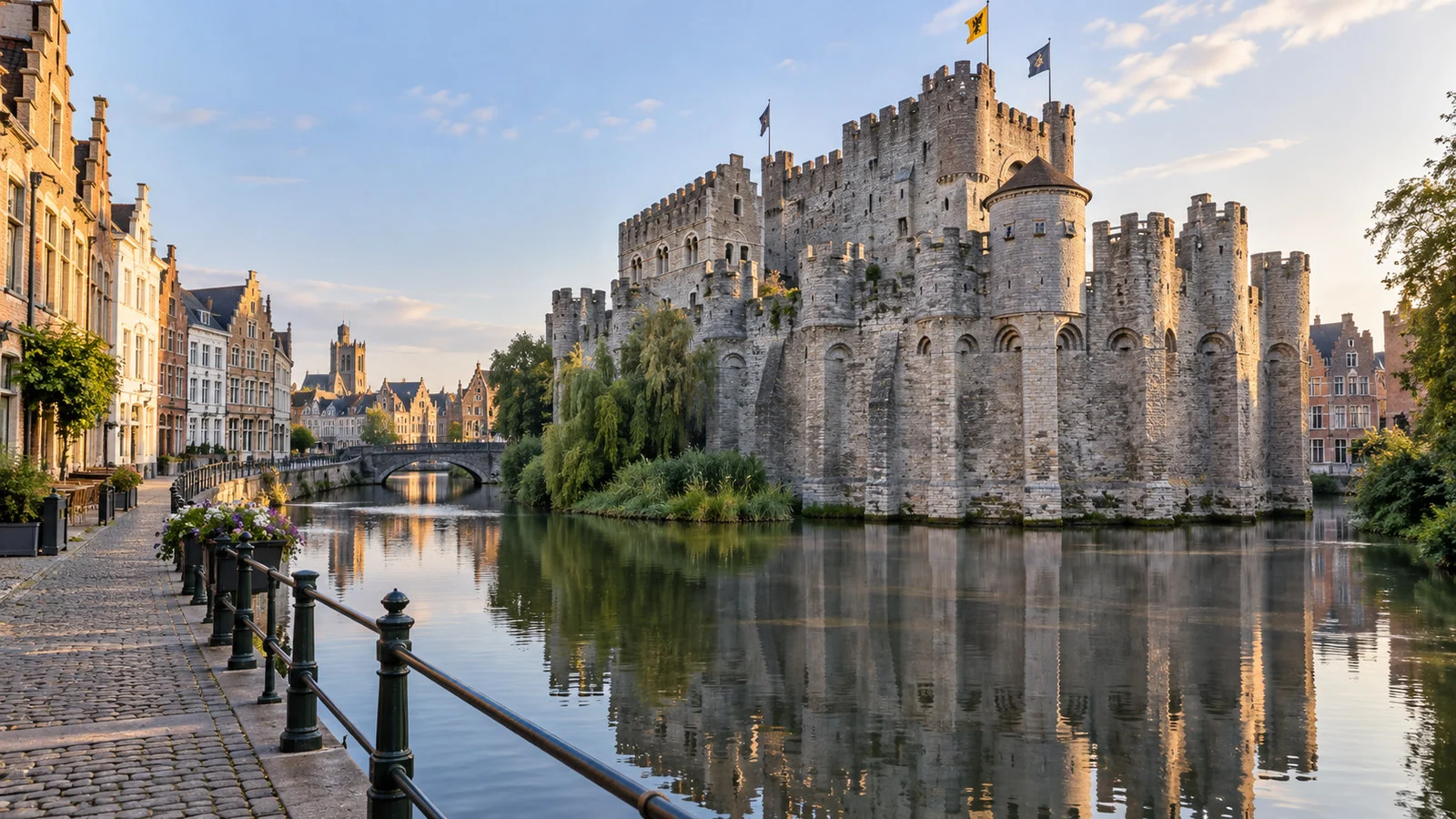 Gravensteen medieval castle and empty canal-side streets in Ghent, showing a reason to explore beyond the berth